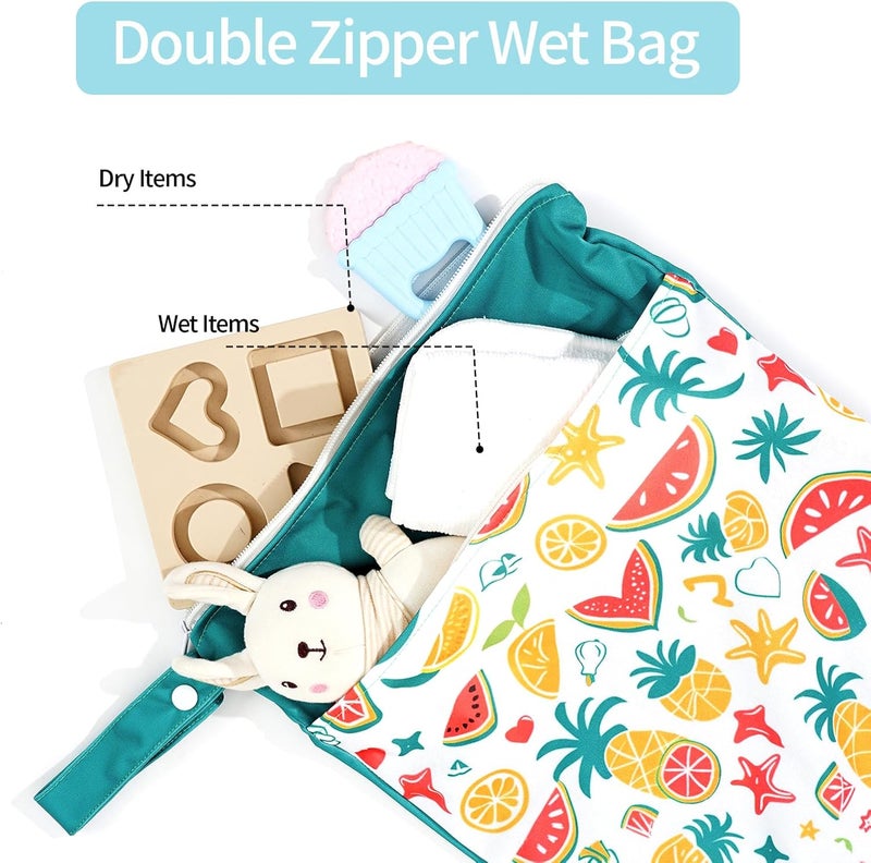 CoolaPeach 2pcs Wet Bags Waterproof Reusable Wet Dry Bag with Two Zippered Pockets Travel Beach Pool Daycare Yoga Gym Bag for Baby Cloth Diaper,Swimsuits,Wet Clothes (Flowers & Fruits) - Image 4